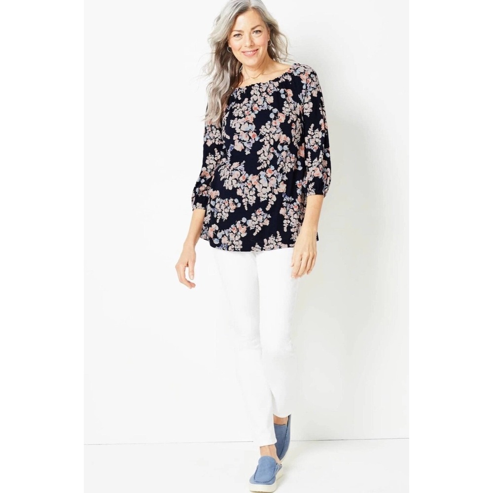 J. Jill Floral Top Women XL Black 3/4 Sleeve Cottagecore Romantic Comfort Soft